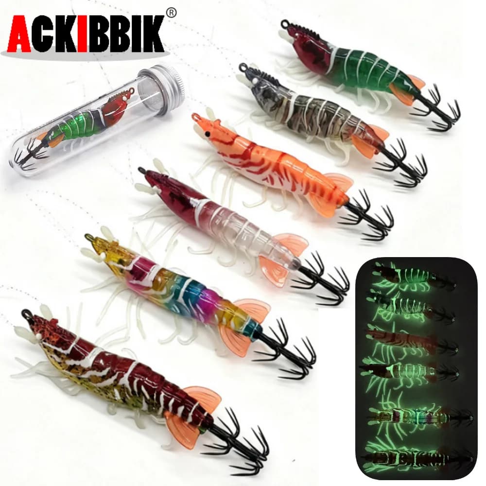Ackibbik 1 pz 8 cm Glow Reale Gamberetti Gamberetti Richiamo Acqua Salata Gamberetti Seppie Accessori Per la Pesca Polpo Gamberetti Calamari Jig Ganci