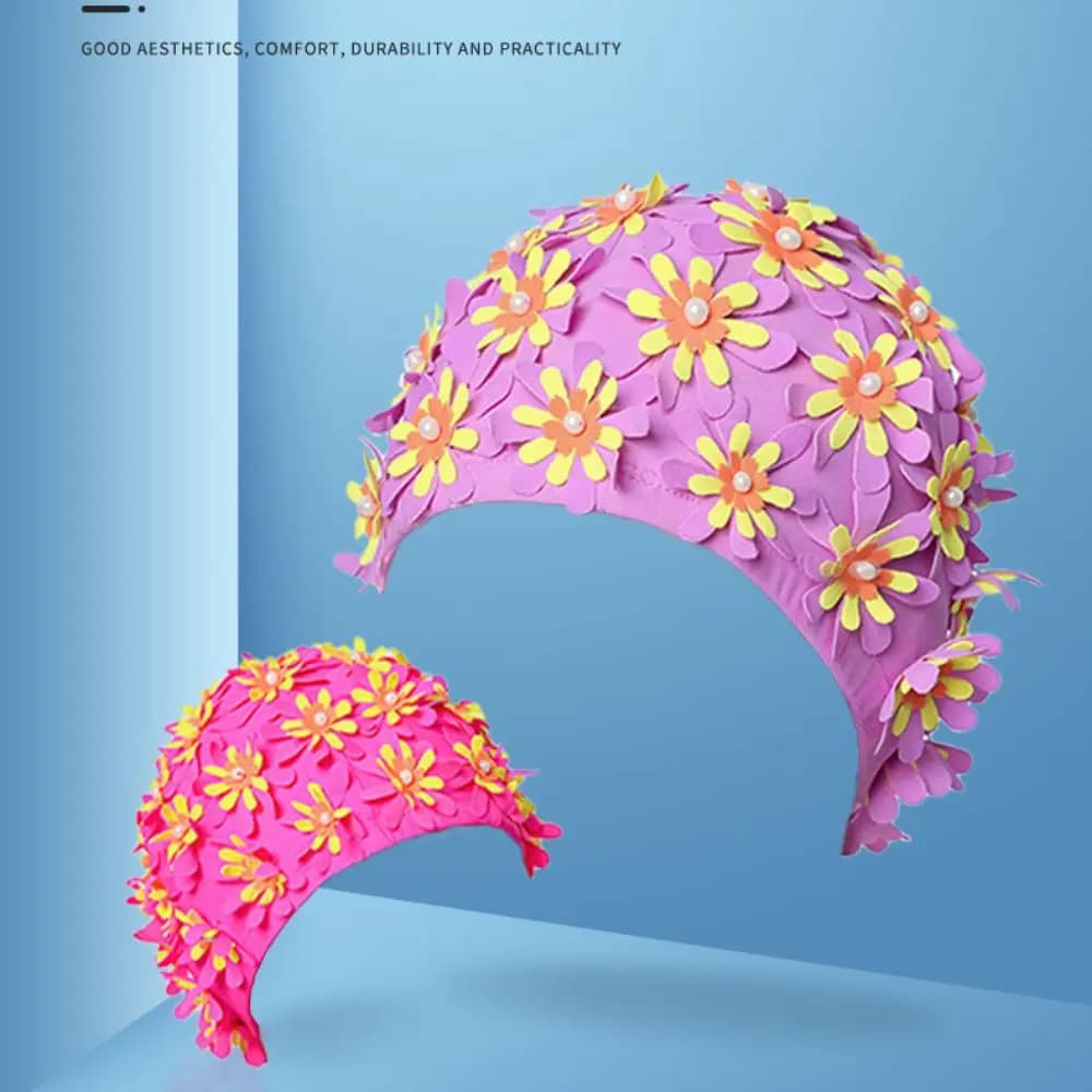 Pearl Floral Petal Swim Cap Flower Long Hair Swimming Hat Breathable Vintage Style Flower Swimming Cap Swim Accessories