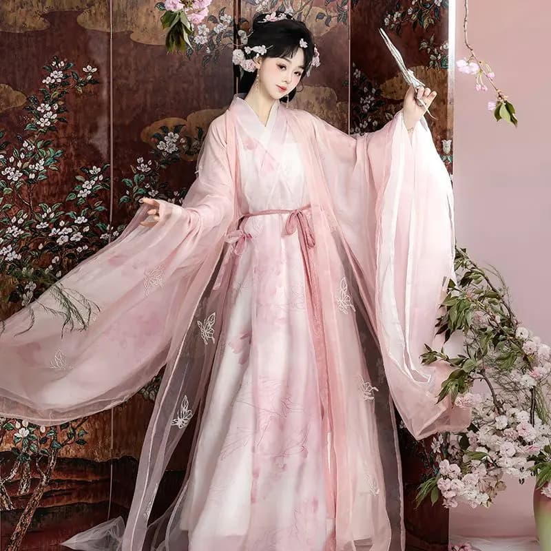 Zhiyuyi Pink Butterfly Hanfu For Women, Chinese-style Improved Ancient Costume, Fairy-like Girl's Large-sleeve Shirt With
