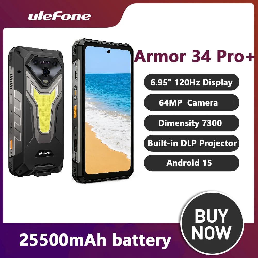 Ulefone Armor 34 Pro+ 32GB+512GB 5G Telefono Rugged con AI, Batteria 25500mAh, Schermo 6.95\", Proiettore Integrato, 120Hz, Android 15, MTK 7300, NFC