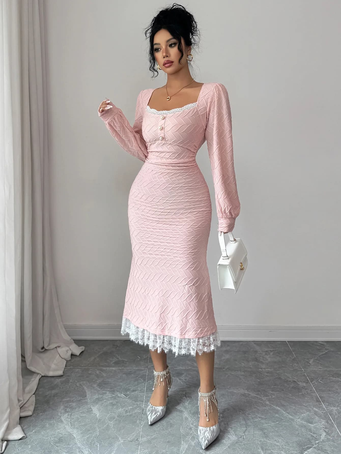 Abito da Donna Best Seller Rosa con Scollo Quadrato, Maniche Lunghe a Sbuffo e Pizzo, Vestito Midi Elegante per Feste, Matrimoni, Ospiti, Casual Estivo