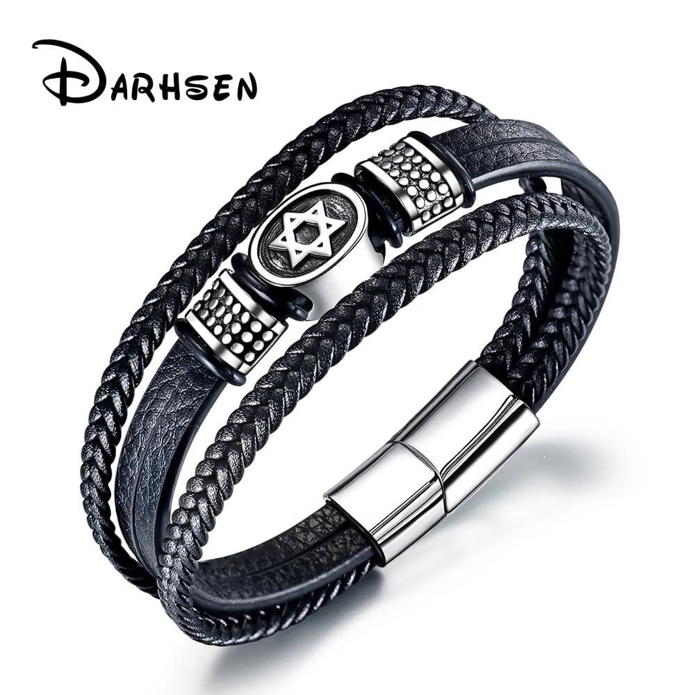 DARHSEN Men Black Fiber in pelle sintetica Statement Wrap bracciali Bangle Israel Star of David Hand Wristlet Fashion Jewelry
