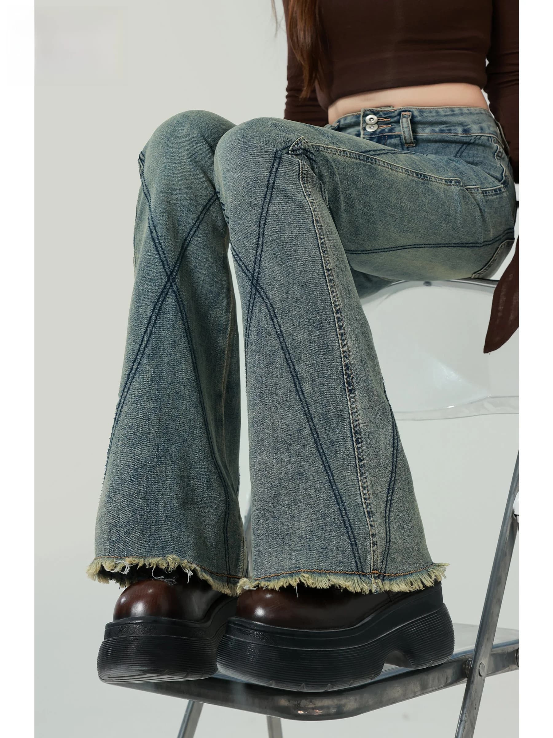 Jeans a Zampa d'Elefante a Vita Alta da Donna, Elasticizzati, Slim Fit, con Dettagli Sfilacciati Unici, Stile Americano, con Tasche, per Autunno Inverno