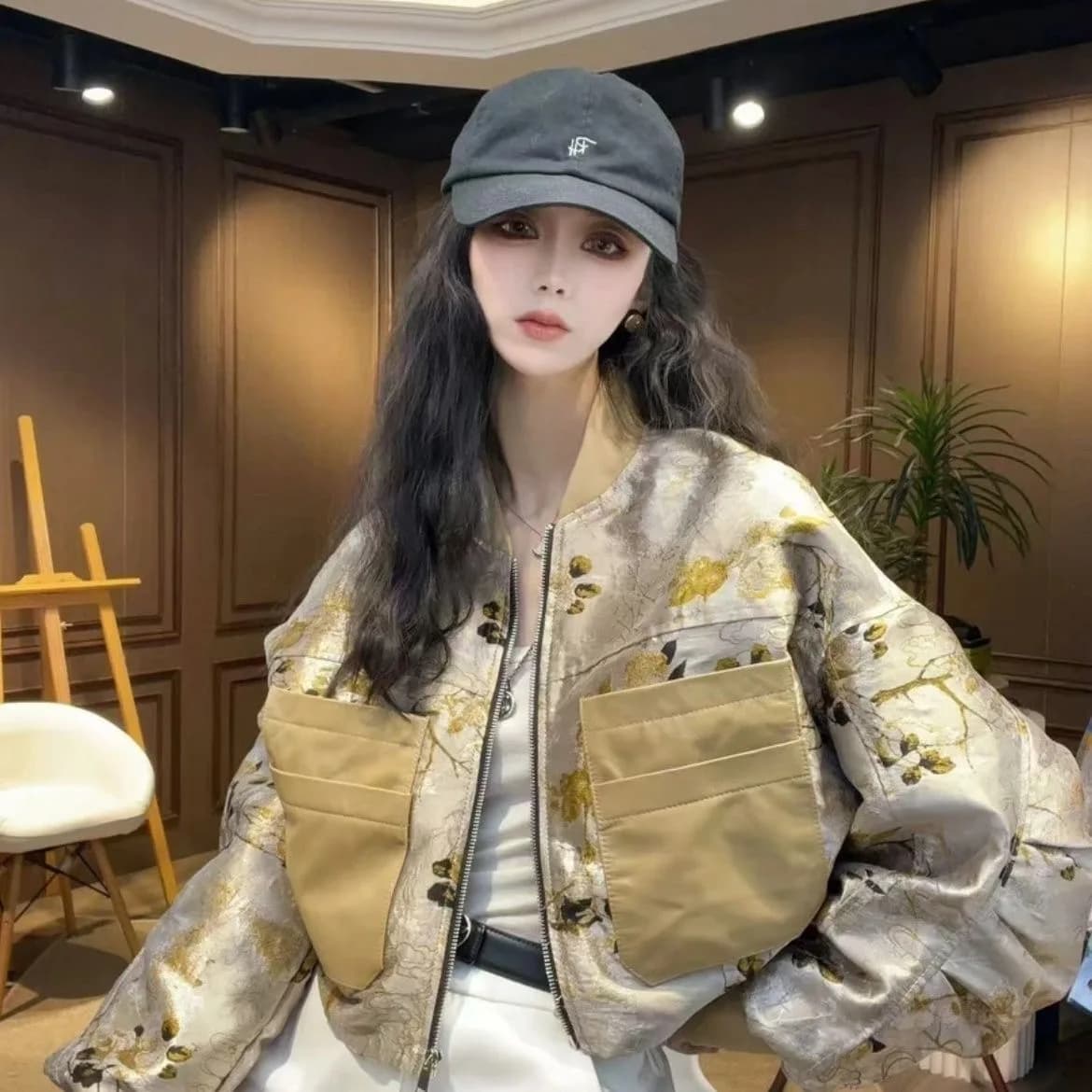 Retro Spring Outerwear Short Thin Women's Jacket Large Pocket Splicing Stylish Commute Style Cotton Blend Long Sleeve Zipper