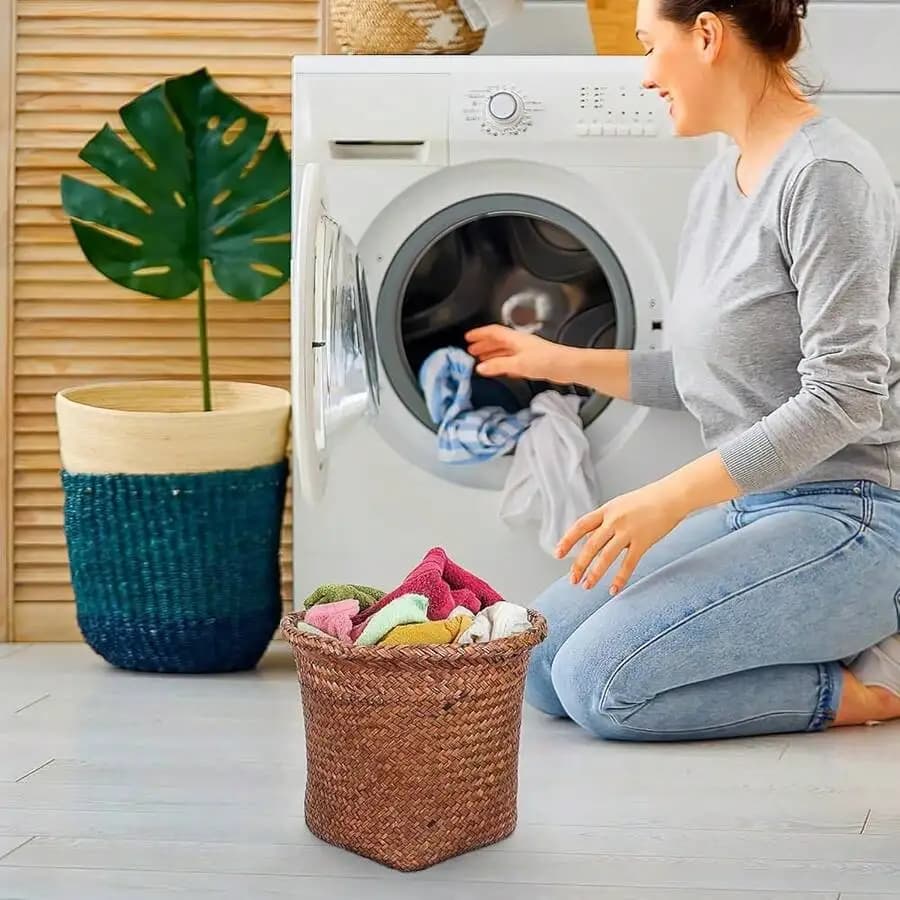 Round Rattan Wastebasket Open Top Storage Basket For Bathroom Home Office