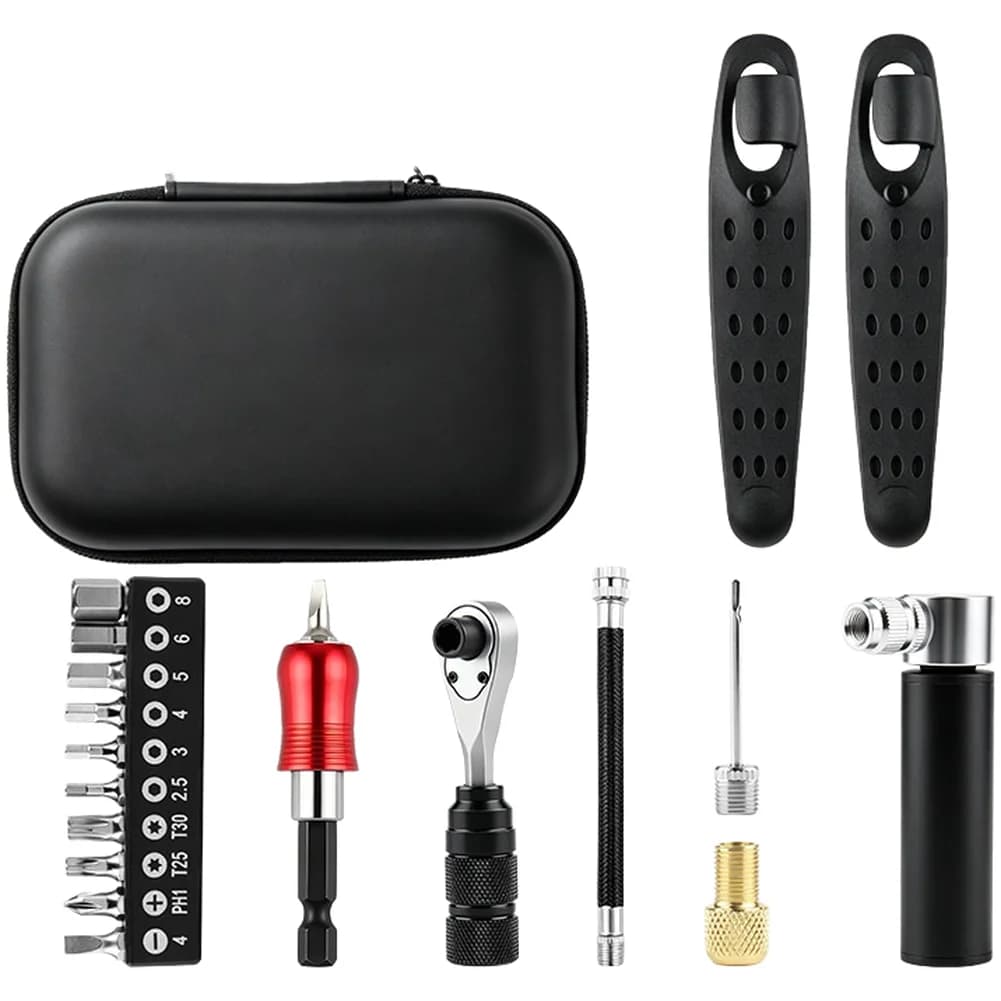 Kit di Riparazione per Mountain Bike con Chiave a Cricchetto in Alluminio, Set da 10 Punte, Leve per Pneumatici e Pompa per Riparazioni Affidabili in Bicicletta