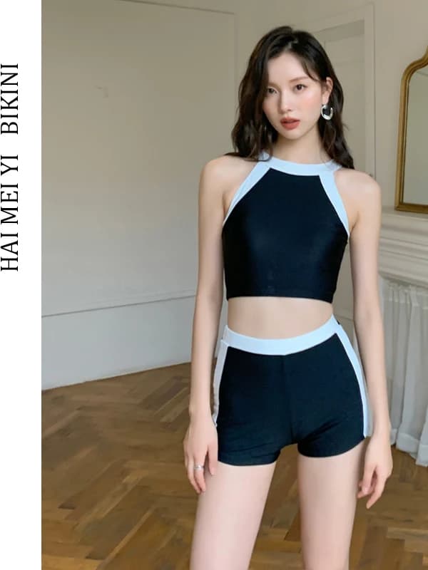 Nuovo Costume da Bagno Bikini Donna 2025 a Vita Alta, Stile Conservativo, con Coppe in Acciaio, Effetto Push-up per Seno Piccolo, Separato, in Nylon, Collo Rotondo