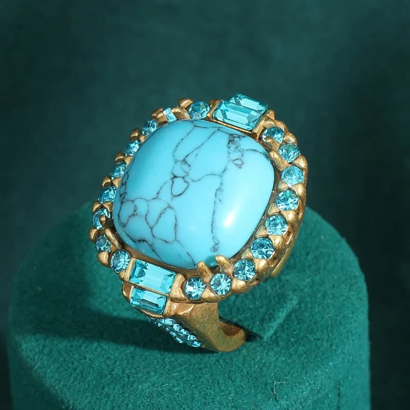 Vintage Ring Square with Turquoise, Color Old Gold, Strass Blue Sea, Natural Stone, Luxury Design Jewelry, Trends 2026