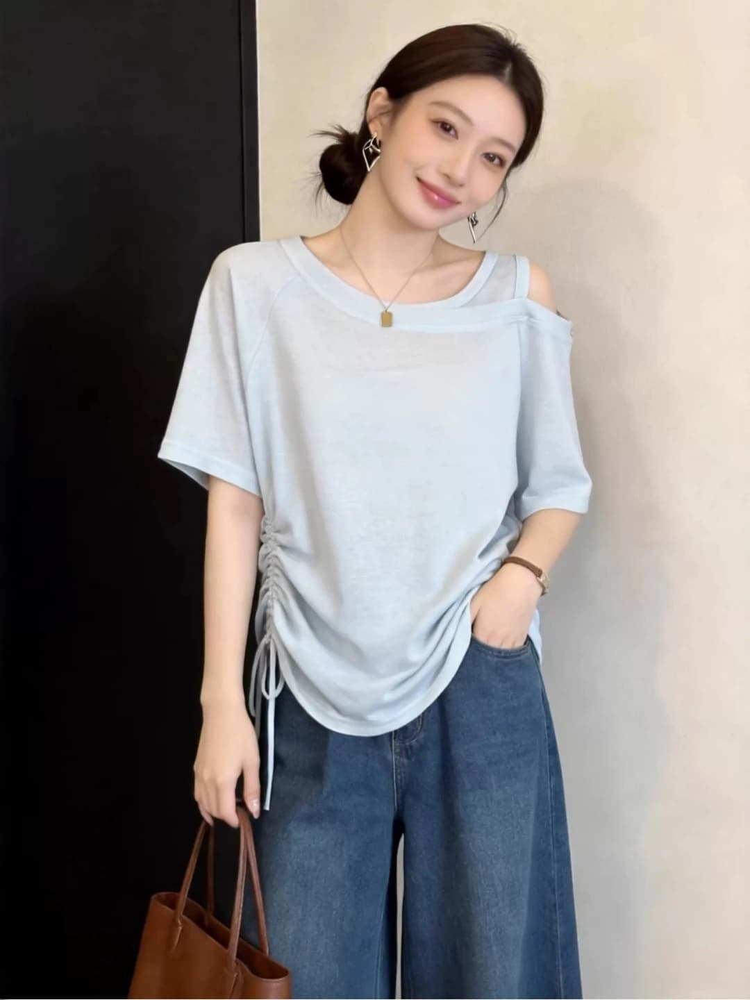 Loose Blue Shoulder Bared Short Sleeve T Shirt Women's plus Size Summer Casual Comfortable Slimming Effect Top Creative Pattern