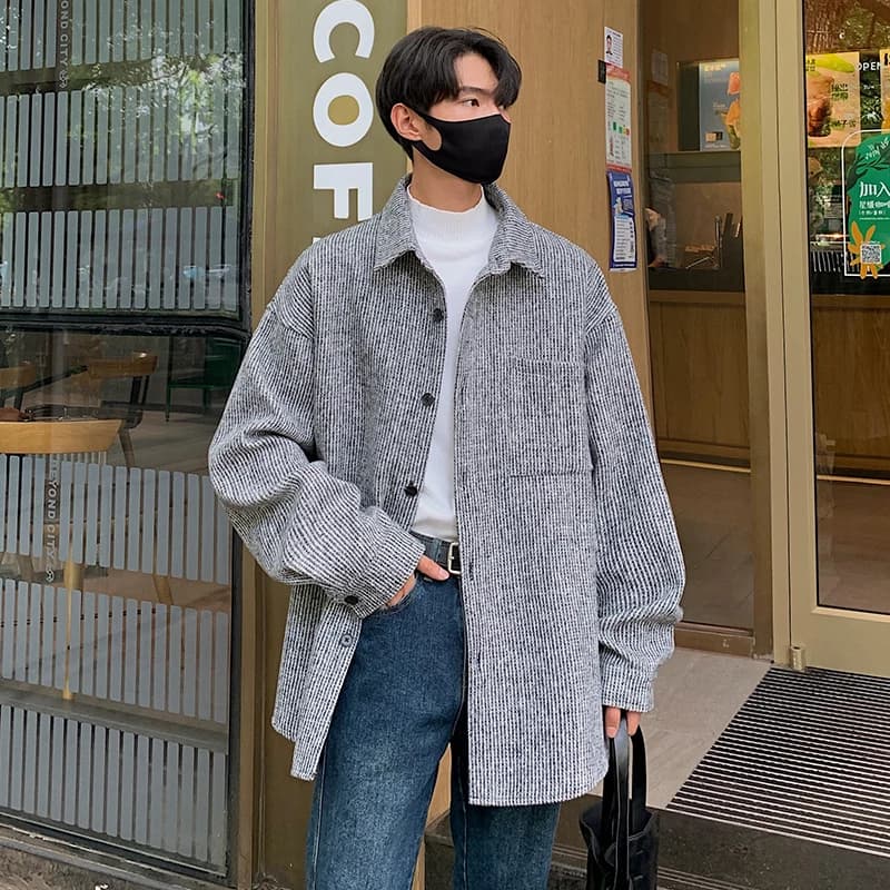 Giacca da uomo foderata in lana taglie forti M-5XL Cappotto monopetto a maniche lunghe con tasche frontali Abbigliamento primaverile autunnale a righe
