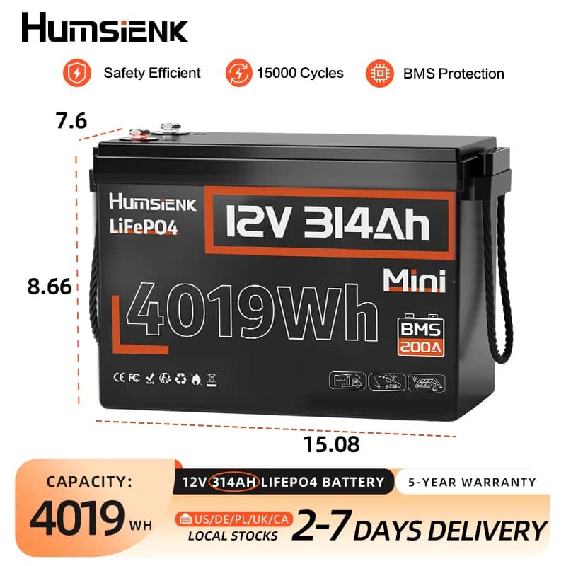 Batteria LiFePO4 Humsienk 12V 314Ah con BMS 200A, Celle Ricaricabili, 15000 Cicli per Camper/Van/Campeggio/Sistema Solare Domestico