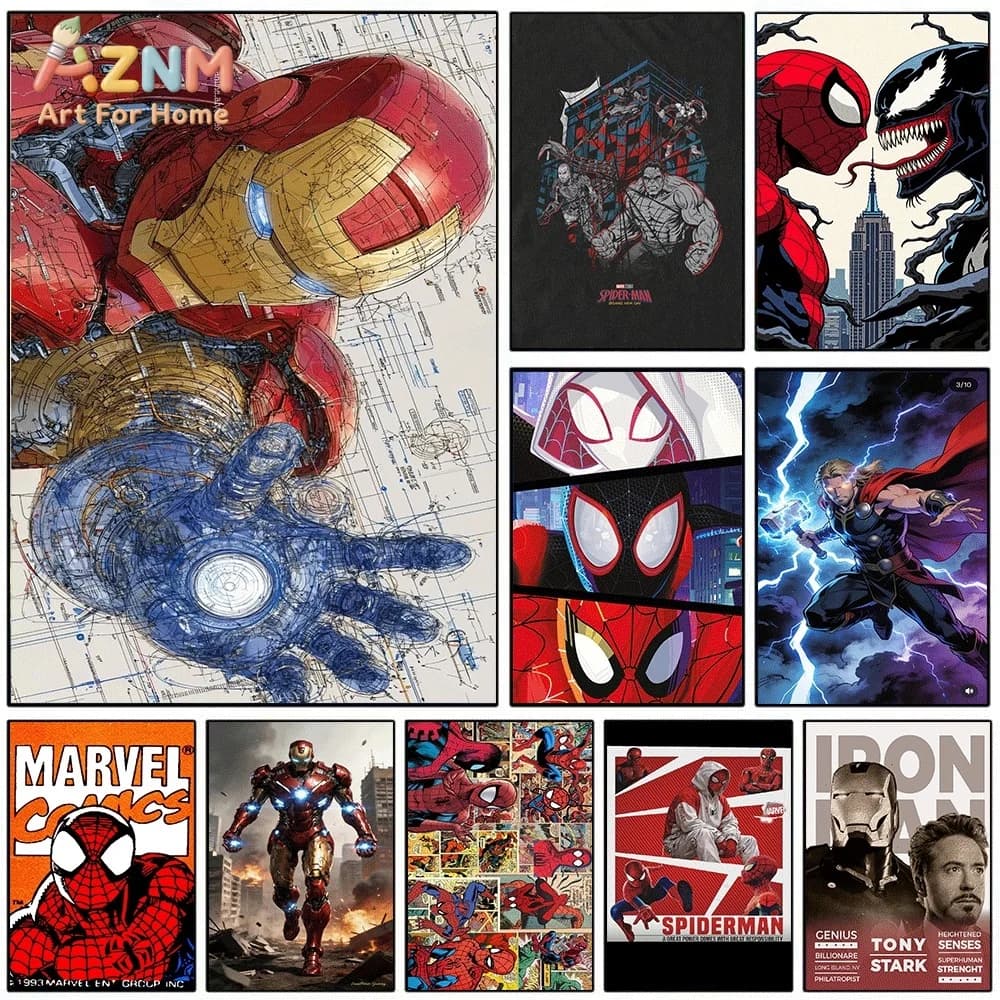 AZNM Iron Man Armor Mechanical Blueprint Sketch Canvas Wall Print, Superhero Helmet Arc Reactor Tech Drawing Comic Pop Graphic
