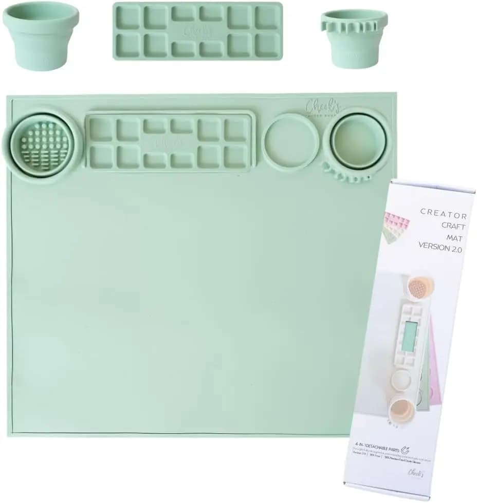 15x17 Silicone Craft Mat for Kids, Non-Stick Waterproof Painting Mat with Collapsible Brush, Removable Palette & Cups for Art, Resin, Clay, Playdough