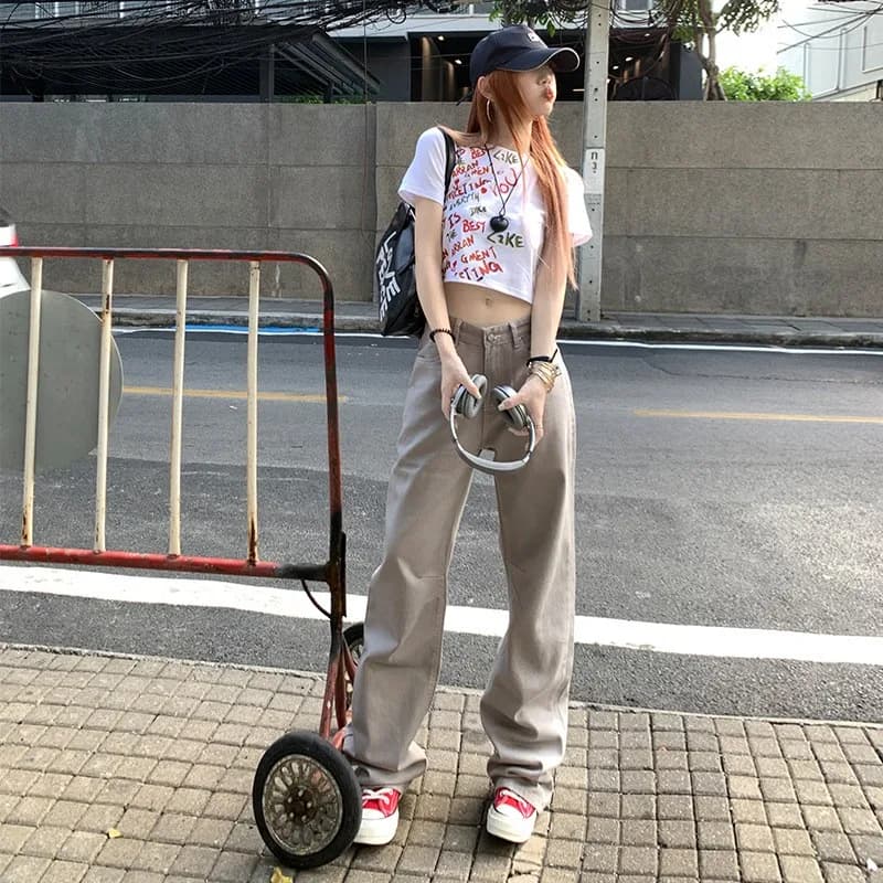 Jeans in denim ricamati a vita alta a gamba dritta da donna, pantaloni lunghi estivi larghi e versatili con effetto snellente e drappeggiato