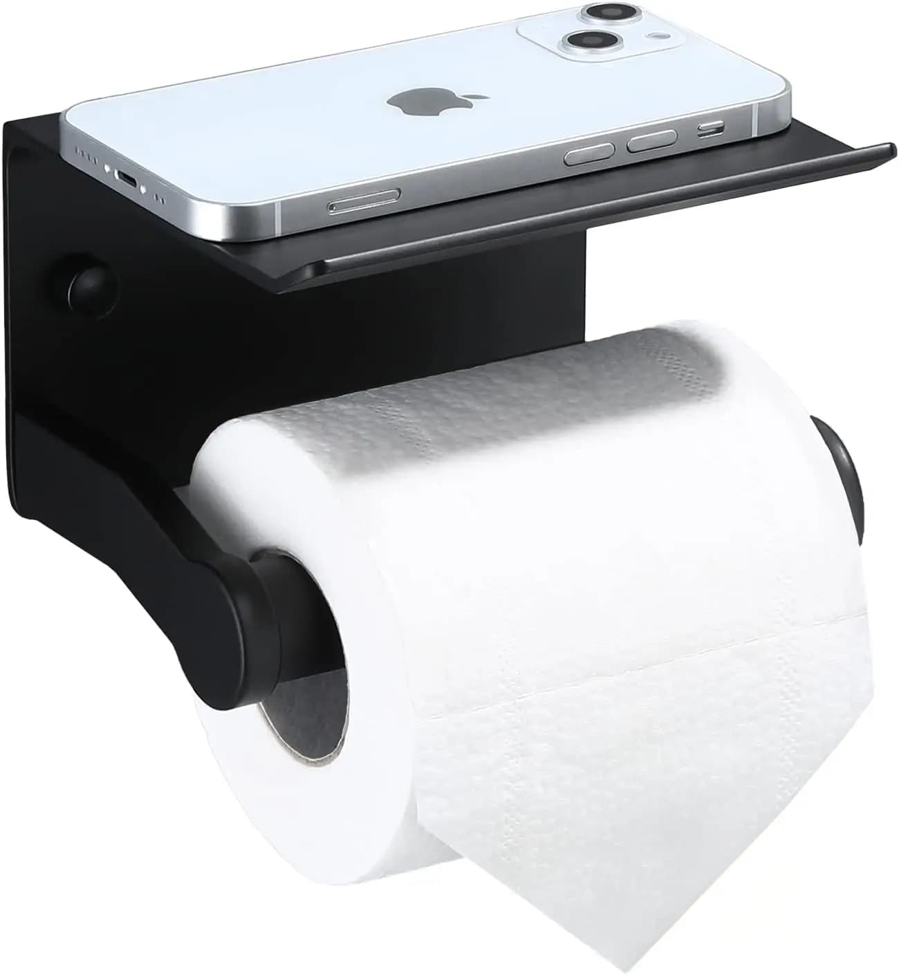 Portarotolo da Bagno con Mensola Porta Telefono, Dispenser di Carta Igienica Autoadesivo in Alluminio, Nero Opaco