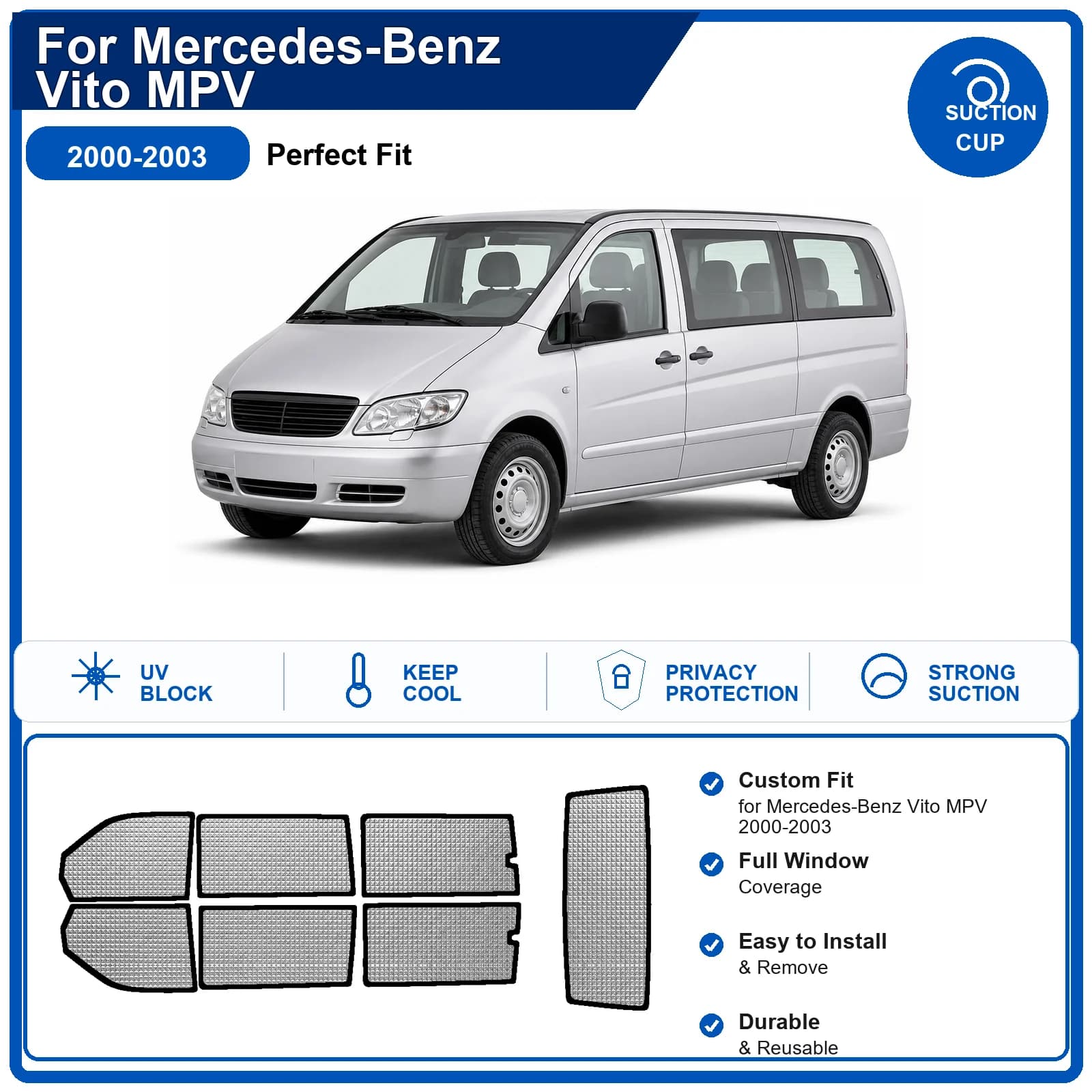 For Mercedes-Benz Vito MPV 2000-2003 Custom Full Set Windshield Sun Shade Aluminum Foil Heat Insulation Anti UV Foldable