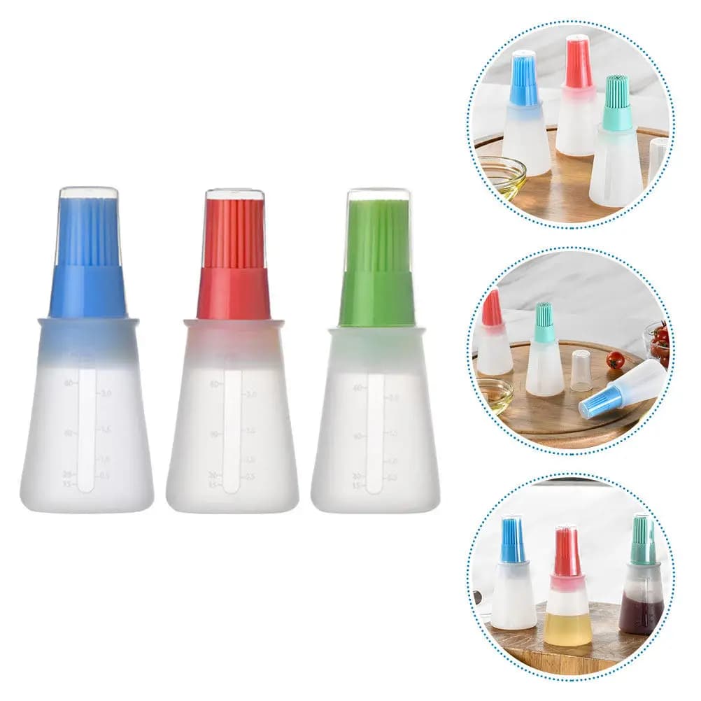Set di 3 Bottiglie con Pennello in Silicone, Resistenti al Calore, Antigoccia, Trasparenti, per Olio, Salsa BBQ, Aceto, Salsa di Soia