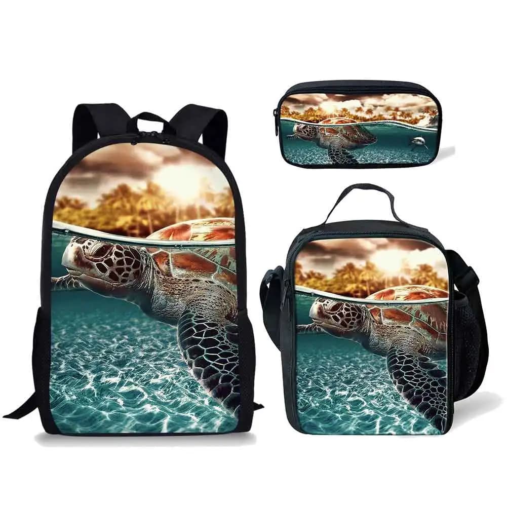 2026 Harajuku Novelty Turtle Pattern 3pcs/Set Backpack 3D Print School Student Bookbag Anime Laptop Daypack Lunch Bag Pencil