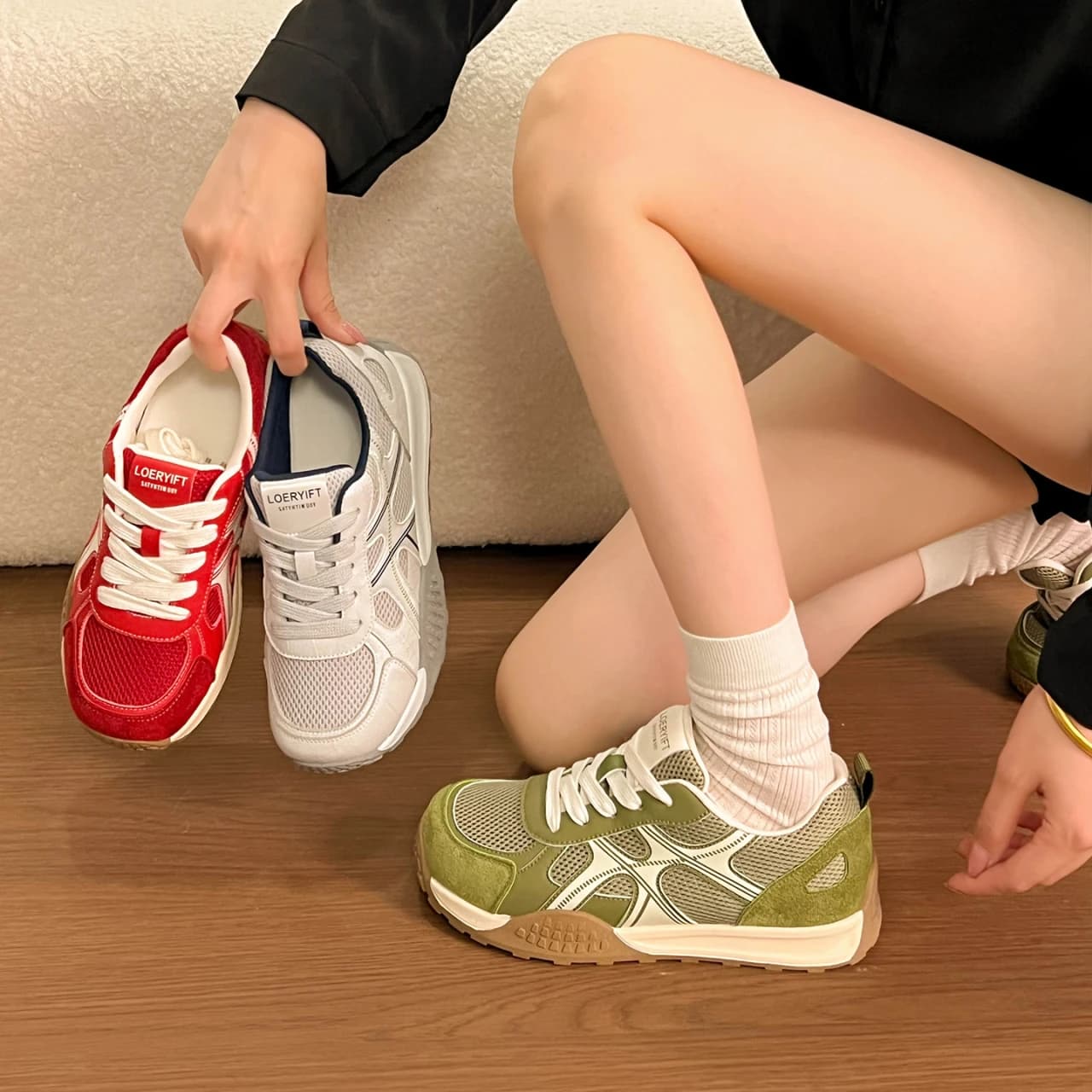 Women Mesh Patchwork Sneakers Lace Up Flat Trainers Retro Multicolor Rubber Sole Lightweight Walking Sports Shoes Daily Wear