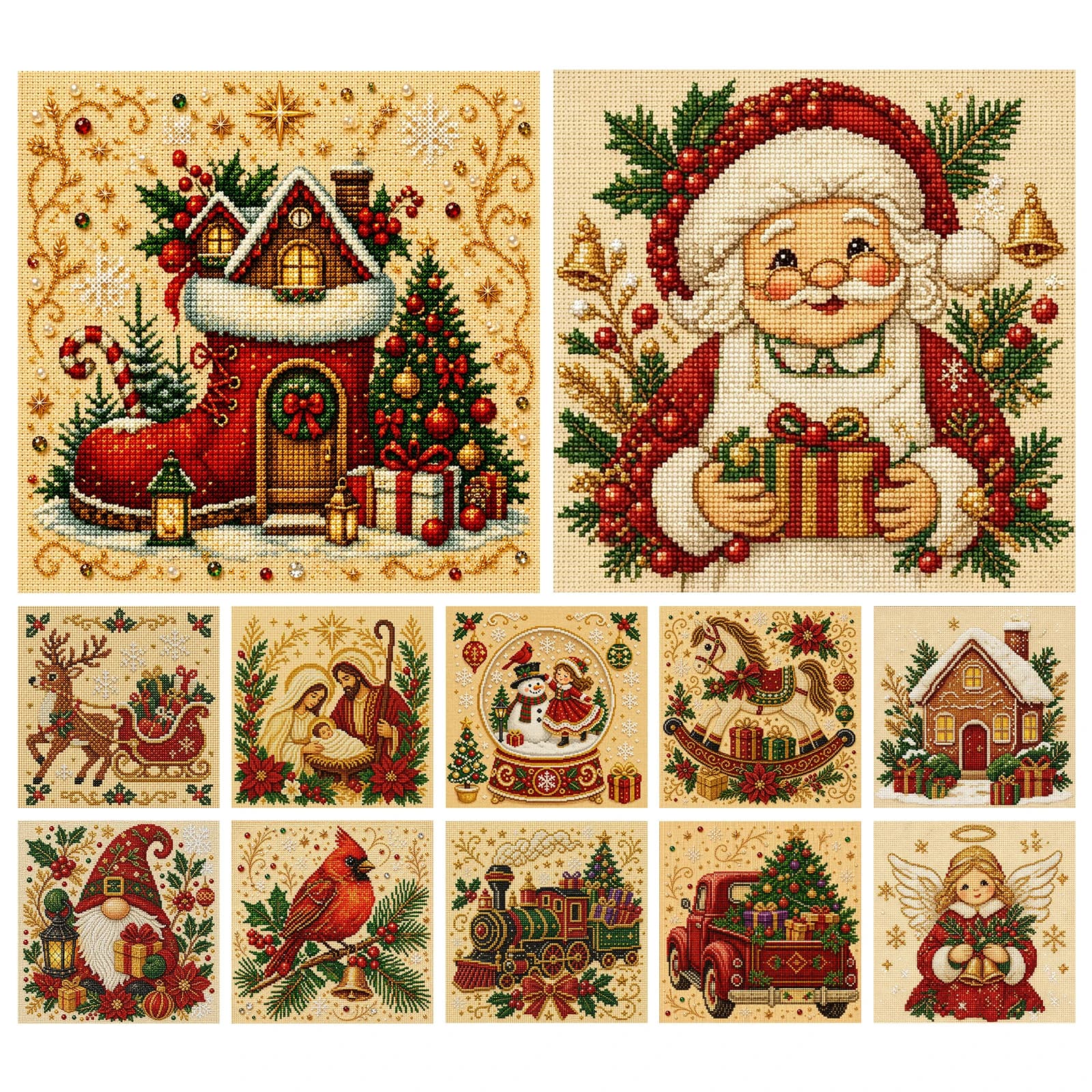 14CT Stamped Cross Stitch Kit Holiday Pattern 30x30cm 2 Strands Cotton Thread Beginner Embroidery Needlework Set