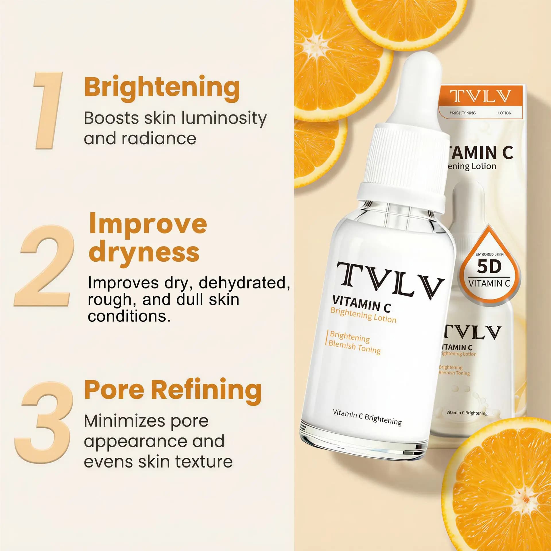 Lozione Essenza alla Vitamina C TVLV, Idratante, Illuminante, Ringiovanente, Emulsione Sbiancante VC