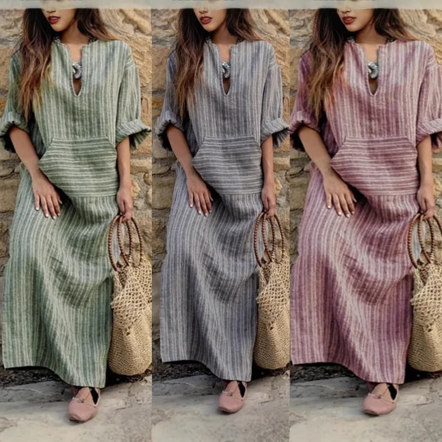 Abito Estivo da Donna in Cotone e Lino Tinto in Filo a Righe, Vestito Casual Ampio, Top Blusa Elegante
