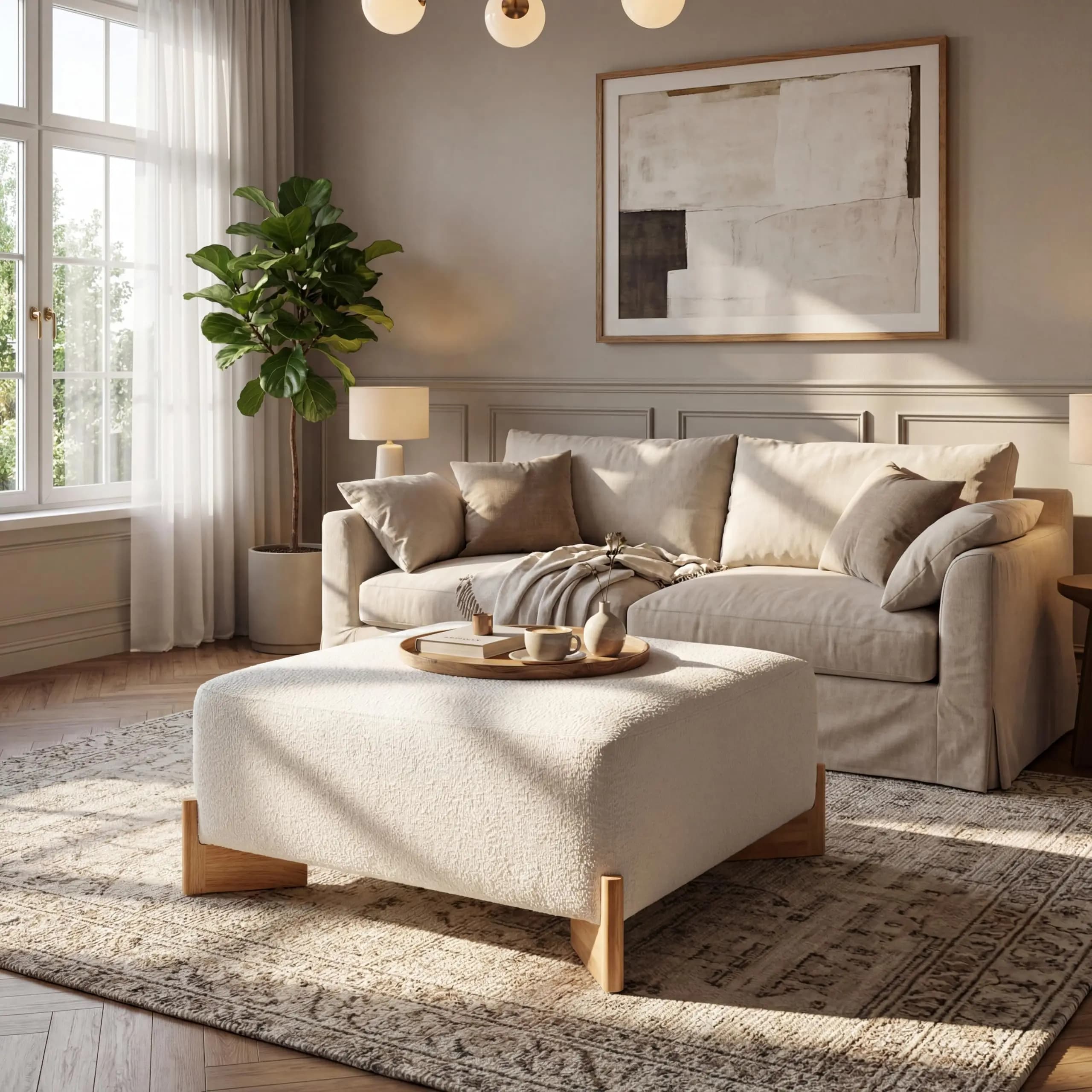 Ivory Faux Leather Square Footstool With Natural Wood Legs For Living Room Decor