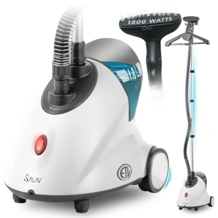 GS18 Full-Size Clothes Steamer - 1500W Power 1.8L Water Tank 60-Min Garment Steam Iron Clothing Adjustable Pole and Wheels for