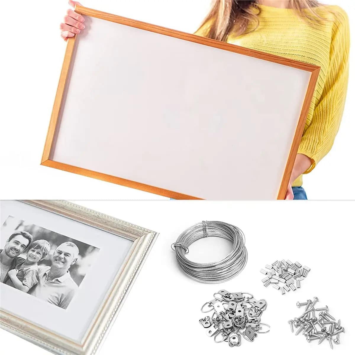 PQWN Kit of 300 Pieces for Hanging Squares, Wire 30 Meters for Hanging Photos, Mirrors, Frames and Artworks