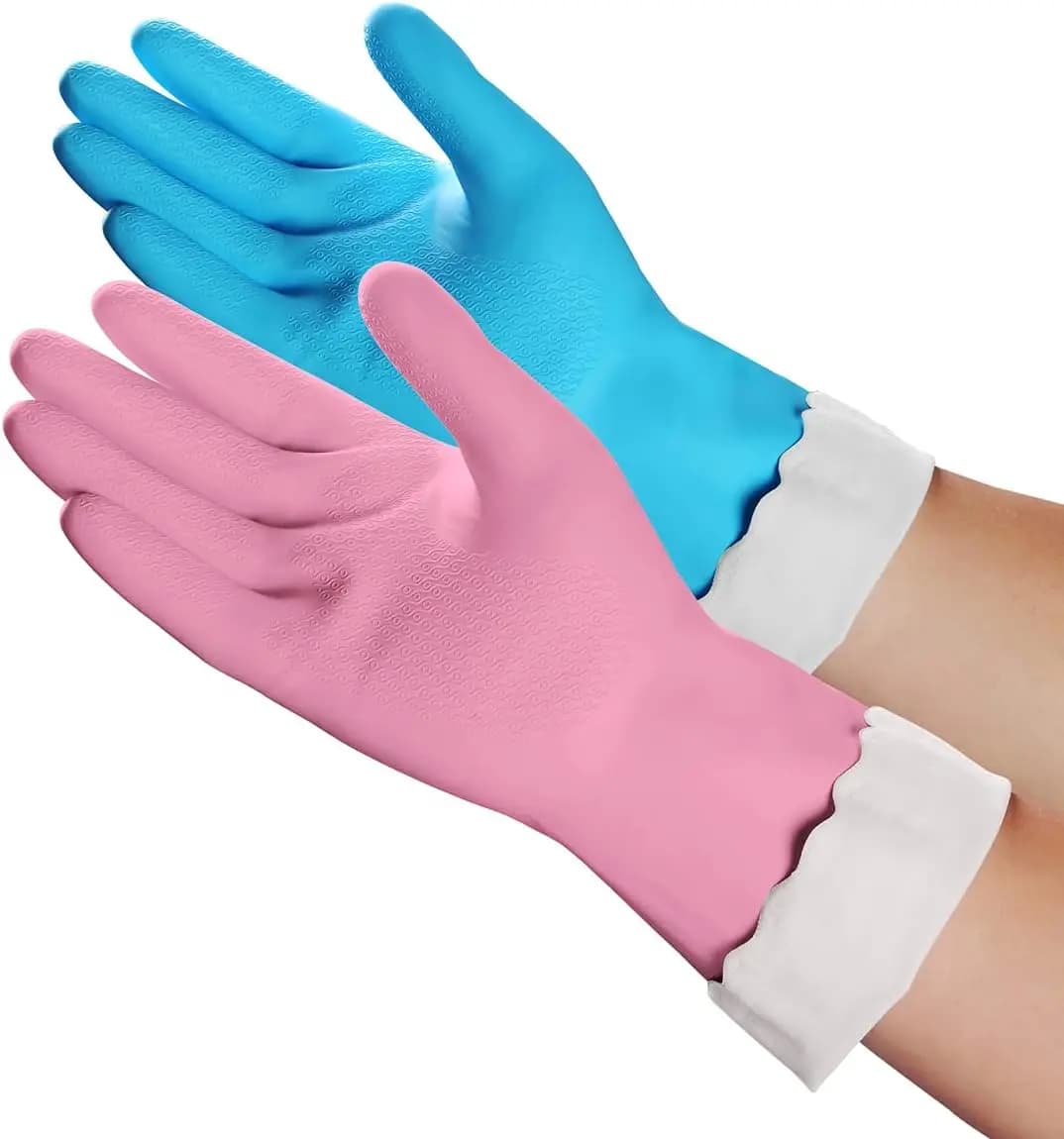 Household Cleaning Gloves - 2 Pairs Reusable Kitchen Dishwashing Gloves with Latex Free, Cotton lining, Waterproof, Non-Slip, Id