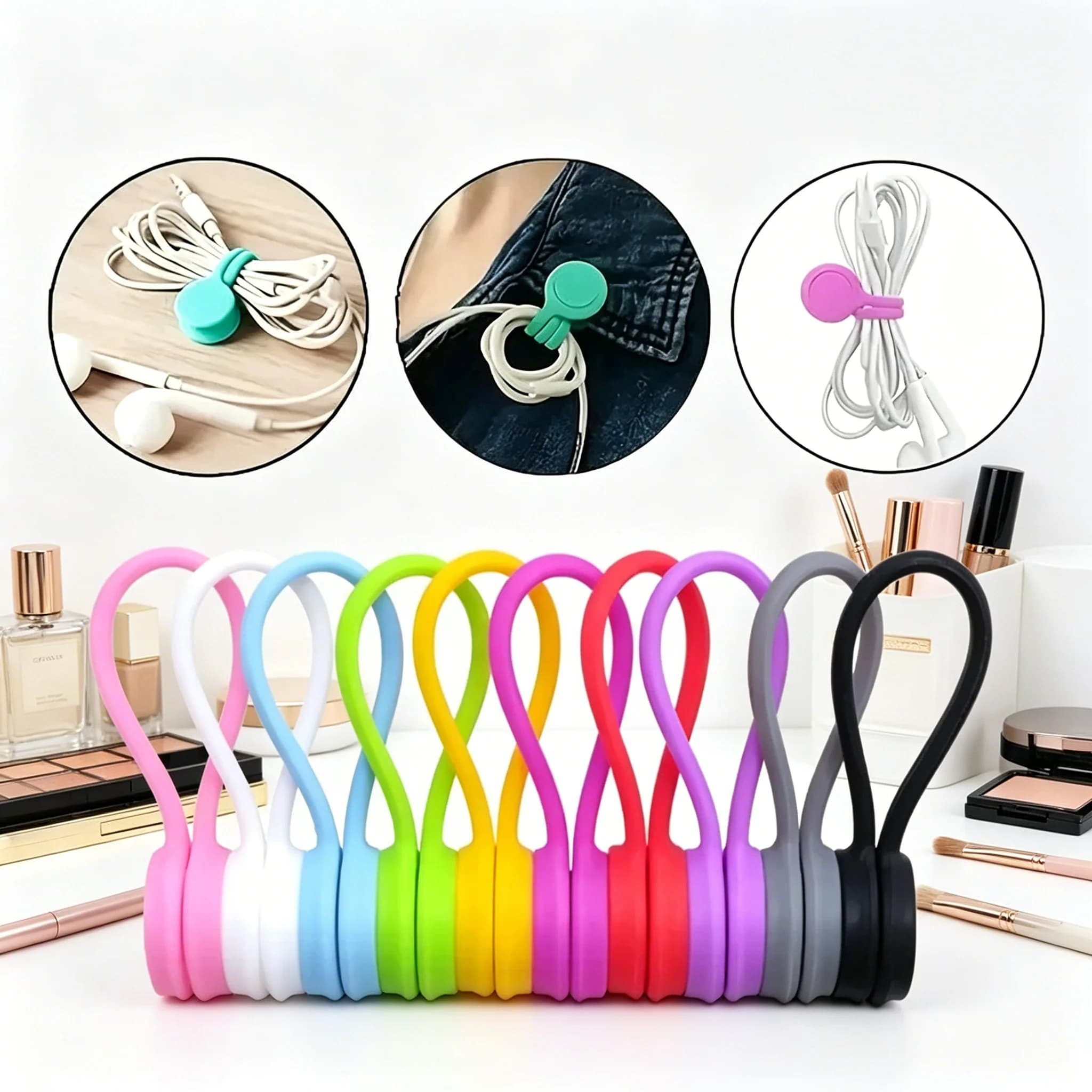 Magnetic Silicone Cable Ties 3/10Pcs, Reusable Cable Management Organizer, Multi-use Wire Winder Earphone Cord Protector Holder