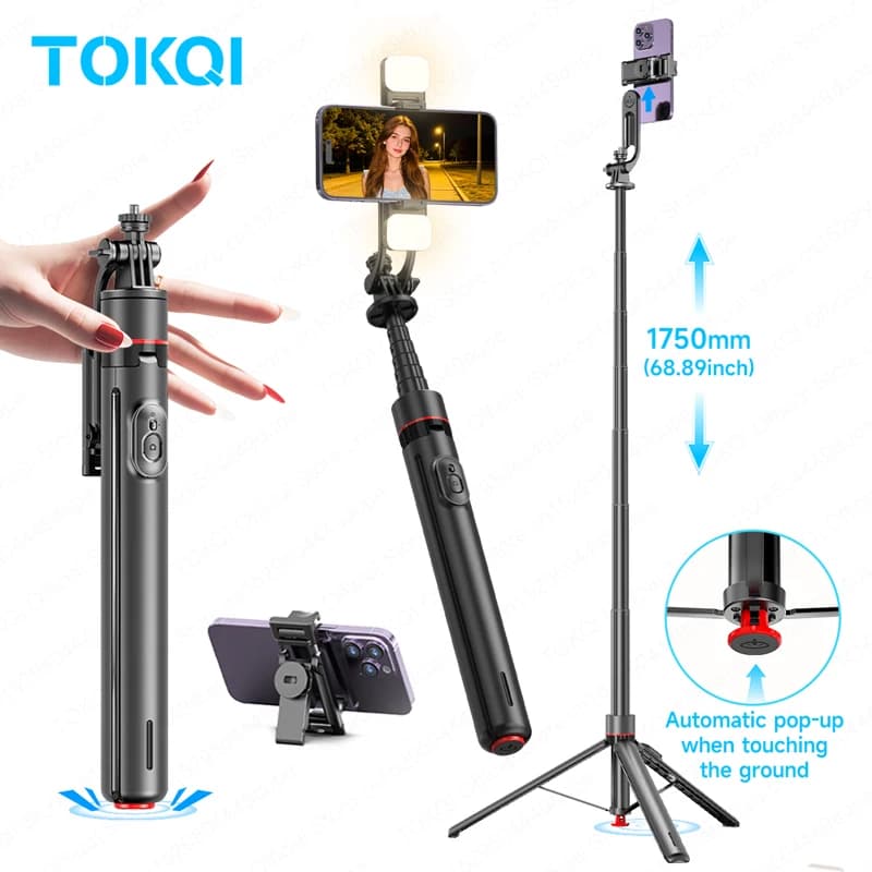 TOKQI 68,89" Auto Pop Open Selfie Stick Treppiede Supporto per cellulare per smartphone con telecomando magnetico Vite da 1/4 '' per Action Camera