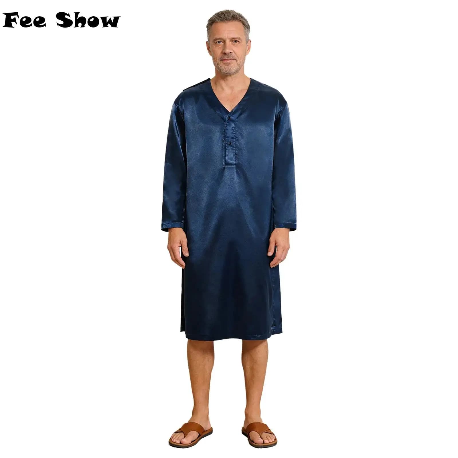 Men's Long Bathrobe, Pigiama Adattiva per Anziani, Kimono, Vestaglia, Home Clothing, Satinato Maniche Lunghe con Scollo a V e Copertura Complete sul Retro