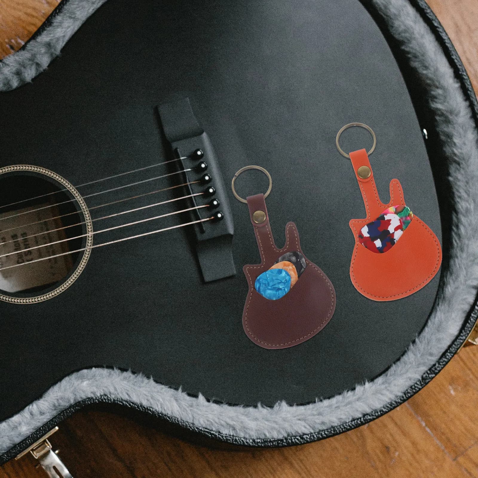 1Set Guitar Picks Holder Bag Wood Picks PU Texture Compact Carry Case for Acoustic Electric Guitar Ukulele String Instruments