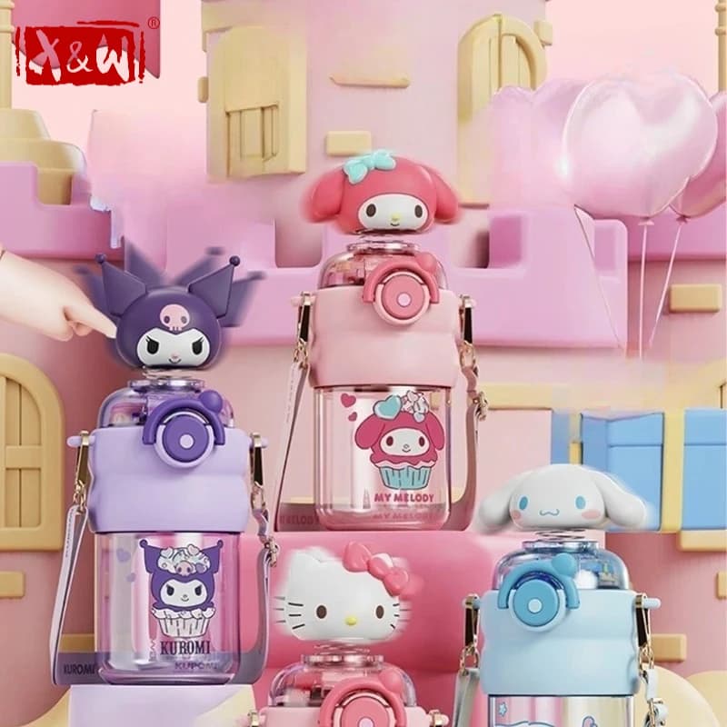 Borraccia X&W 600ML per Sanrio My Melody con cannuccia e coperchio a tema cartone animato, tazza portatile per casa e ufficio, in materiale PP.