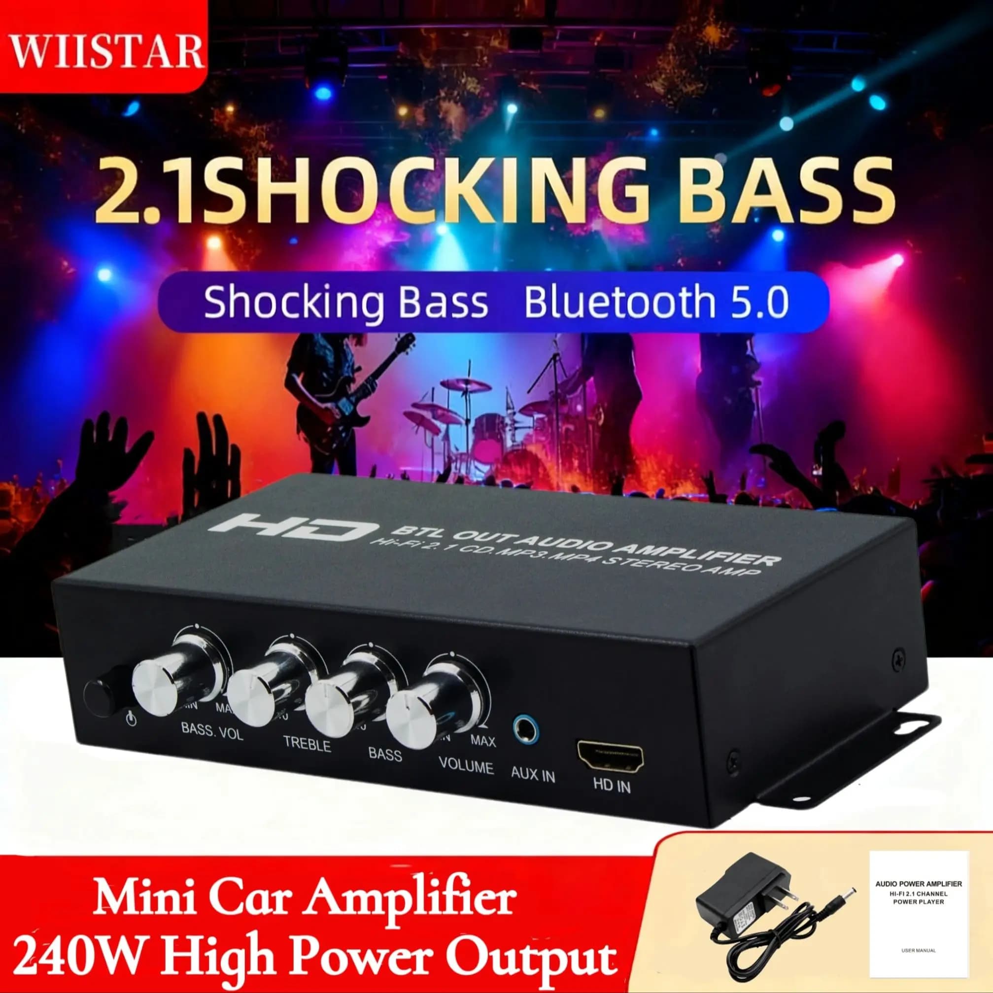 HI-FI 2.1CH Bluetooth 5.0 audio amplifier, digital bass amplifier for home/car/reunion/teatro