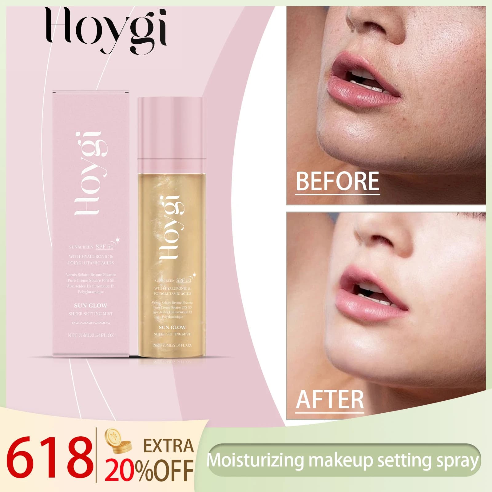 Hoygi 75ML SPF 50 Mist fissante velata Nebbia luminosa idratante con olio scintillante Barriera corallina Sicura per viso corpo Non grasso Assorbimento rapido