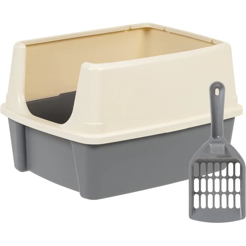 Grande lettiera per gatti con lati alti, parte superiore aperta, include paletta, 19 x 15 x 11,75 pollici, grigio/beige