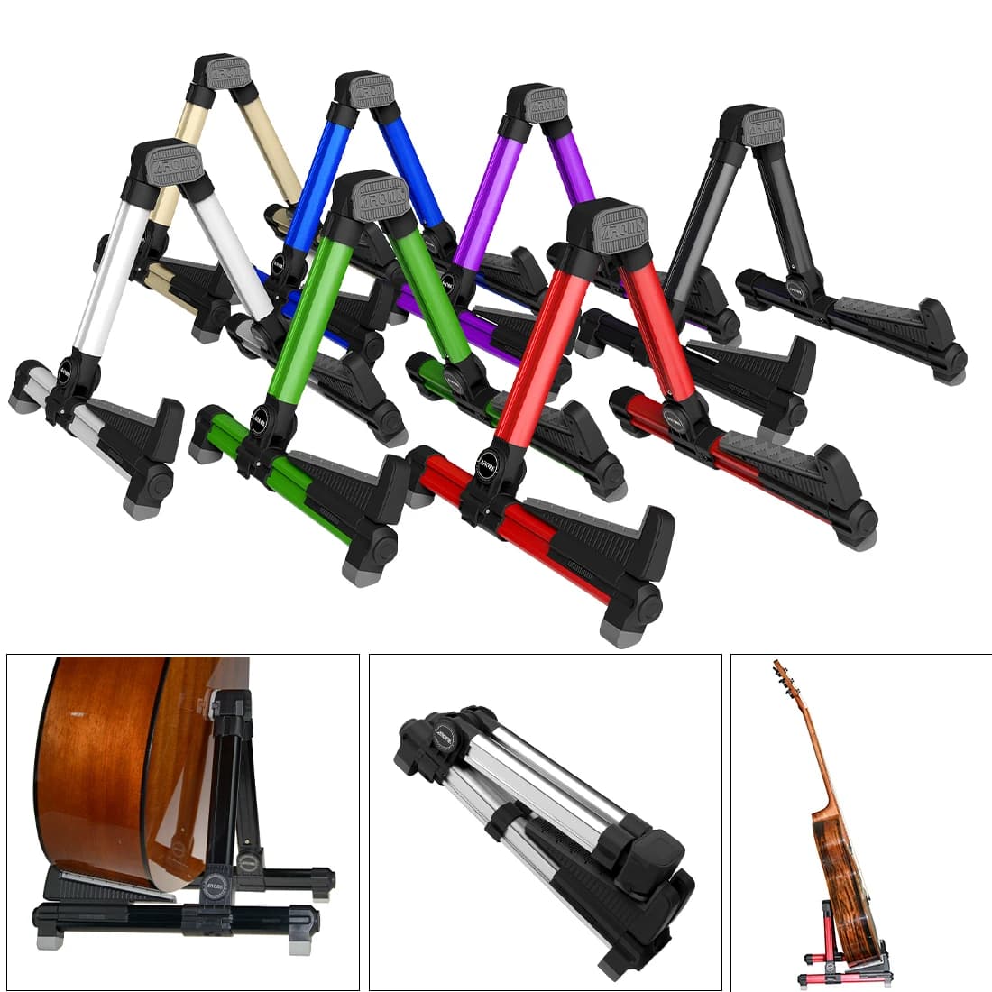 Supporto per chitarra multi-strumento AROMA 360 ° Morsetto sicuro in silicone e supporto con telaio ad A regolabile per chitarra pieghevole/violino/pipa/ukulele