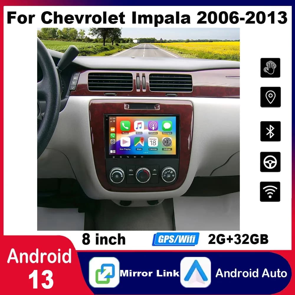 Navi GPS per autoradio da 8 pollici compatibile per Chevrolet Impala 2006-2013 Android 13 adatto per Carplay e Android Auto