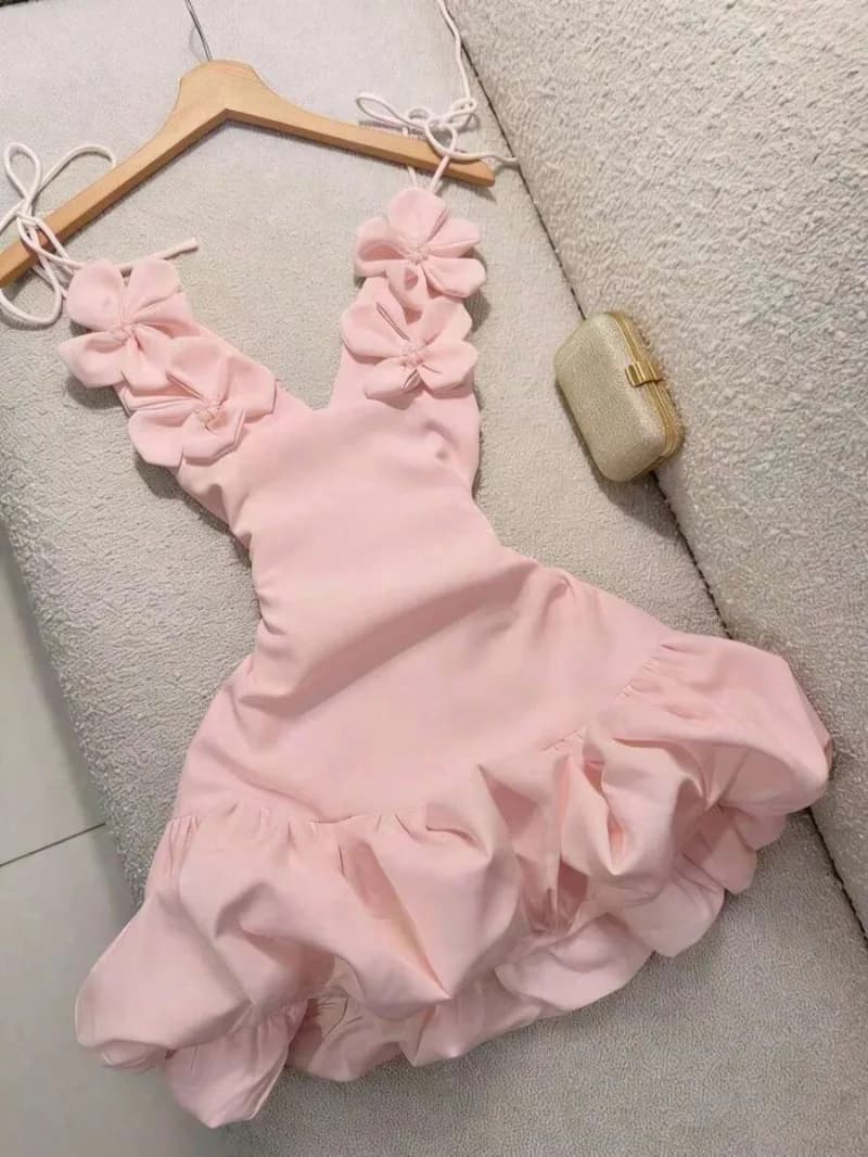 Mini Abito Floreale Sexy da Donna, Estivo con Spalline Sottili, Allacciatura e Balze, Stile Bohemien Y2K Coreano