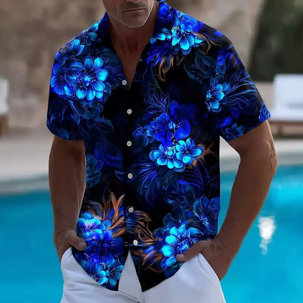 Camicia hawaiana estiva da uomo con stampa floreale al neon, fiori luminosi, camicia abbottonata, camicia Aloha, manica corta, abbigliamento da spiaggia per le vacanze hawaiane