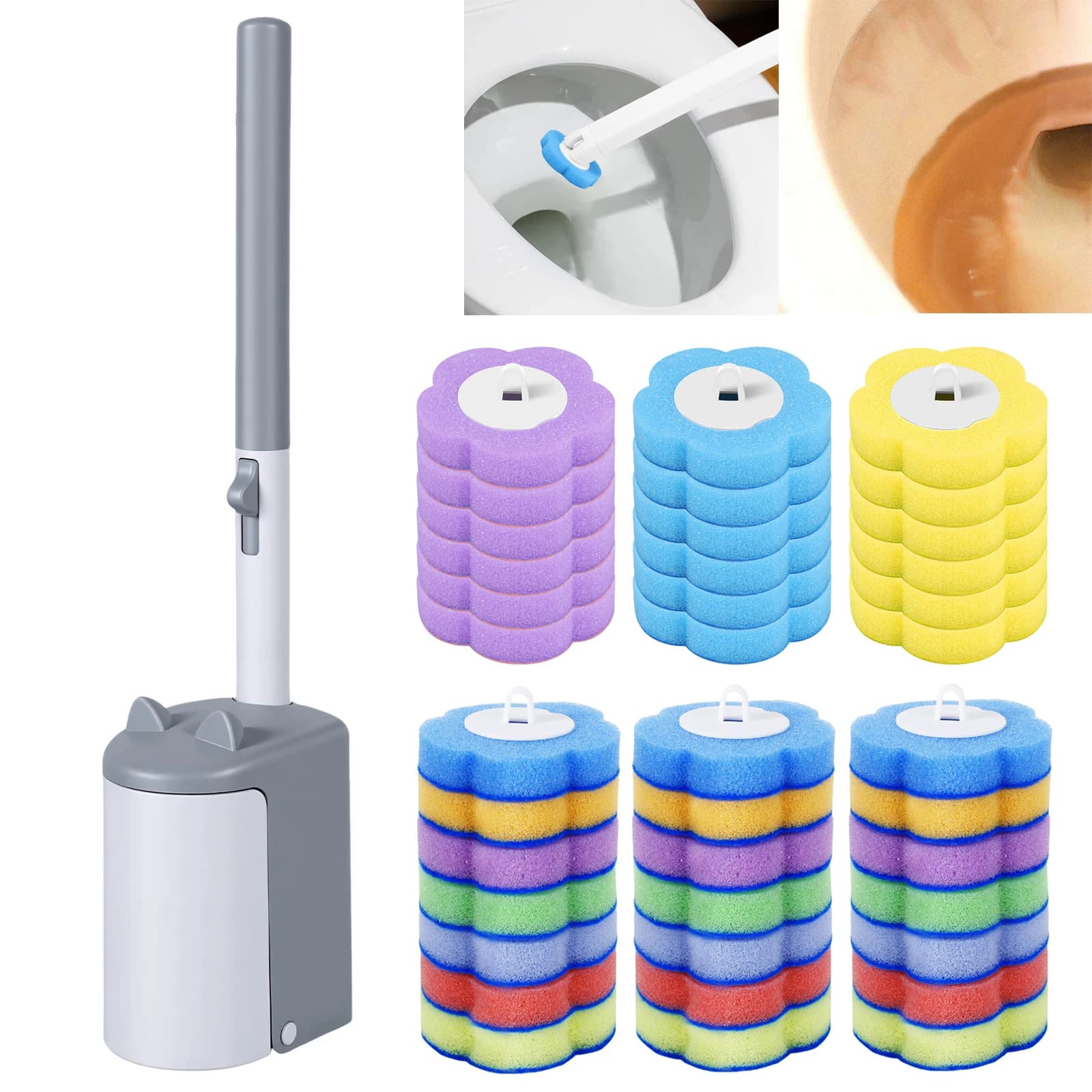 Disposable Toilet Brush Kit Automatic Opening Holder No Touch Toilet Cleaner Wand Set 360 Deep Cleaning Sponge Refill Pads WC