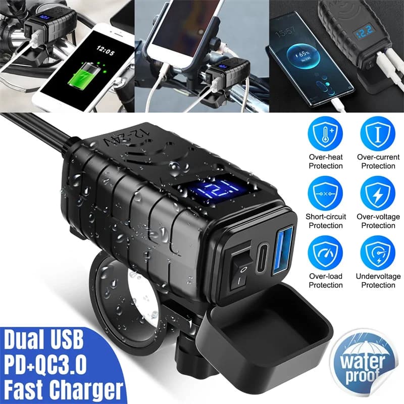 Motorcycle USB Charger Total 48W Dual USB Type C PD & Quick Charge 3.0 Motorcycle Phone Charger With Voltmeter & ON/Off Switch