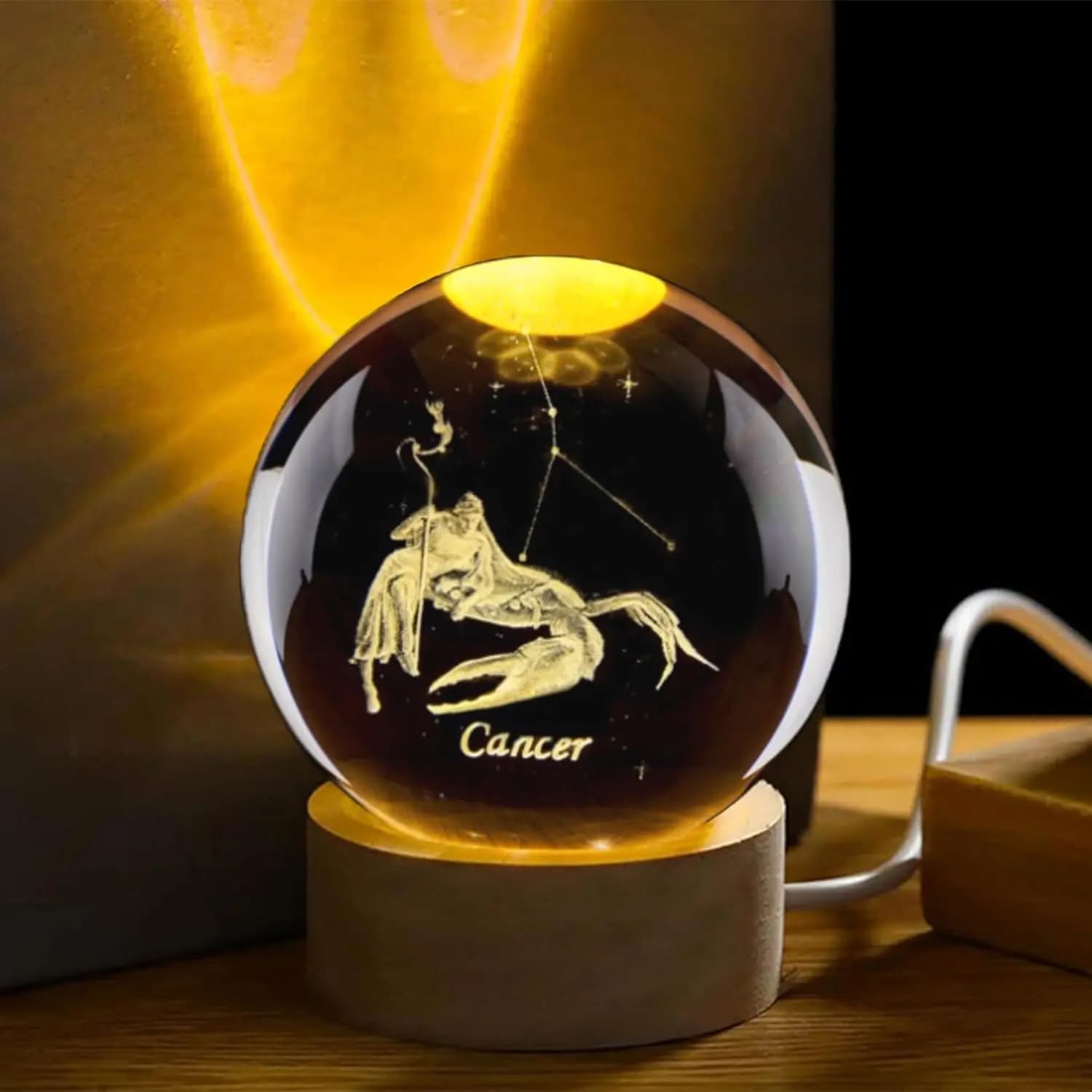 3D Cancer Constellation Crystal Ball with Wooden Light Base Glass Sphere Decorative Balls Paperweight Gift Home Decoration