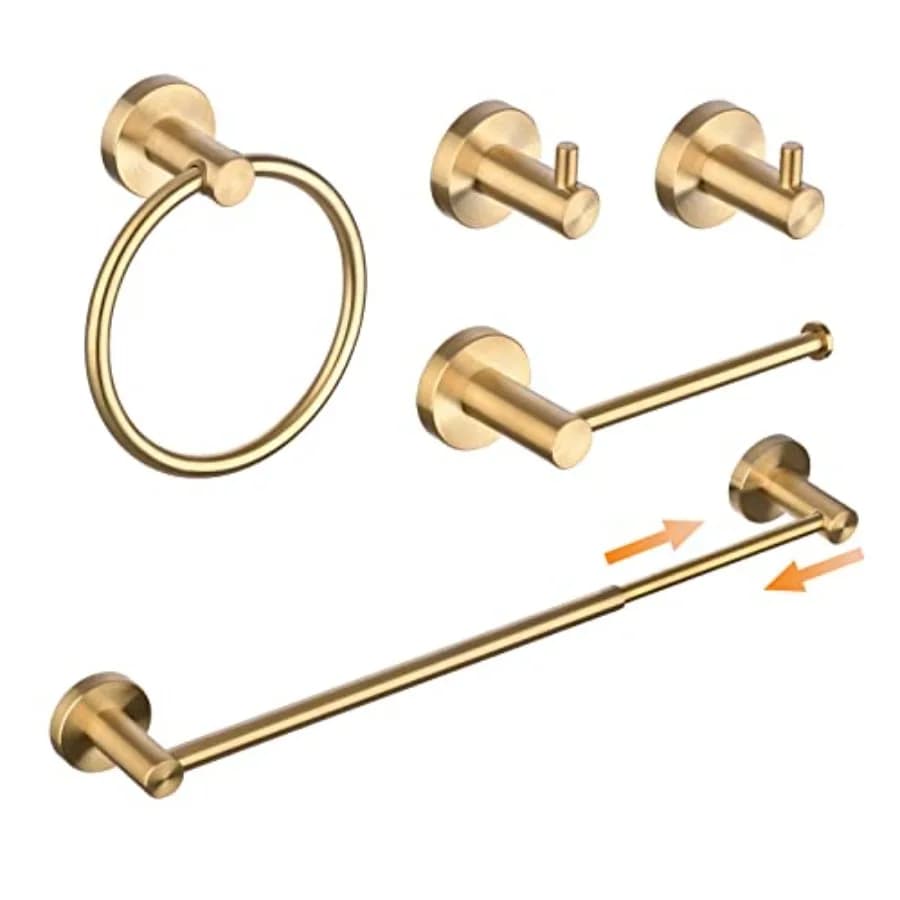 Set di 5 Accessori per Bagno, Portasciugamani Regolabile da 16 a 26 Pollici, Portarotolo, Anello Portasciugamani, 2 Ganci da Parete