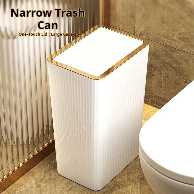 Pattumiera da bagno in oro nordico da 15 litri, pattumiera sottile coperta con coperchio one-touch per bagno, WC, soggiorno, cucina, camera da letto