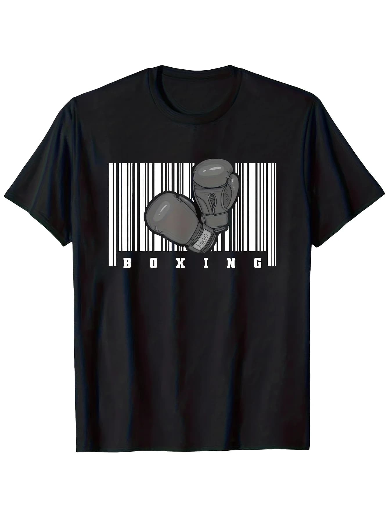 T-shirt grafica da uomo con guanti da boxe bianchi e stampe con codici a barre, perfetta per l'abbigliamento casual in palestra, all'aperto e in casa.