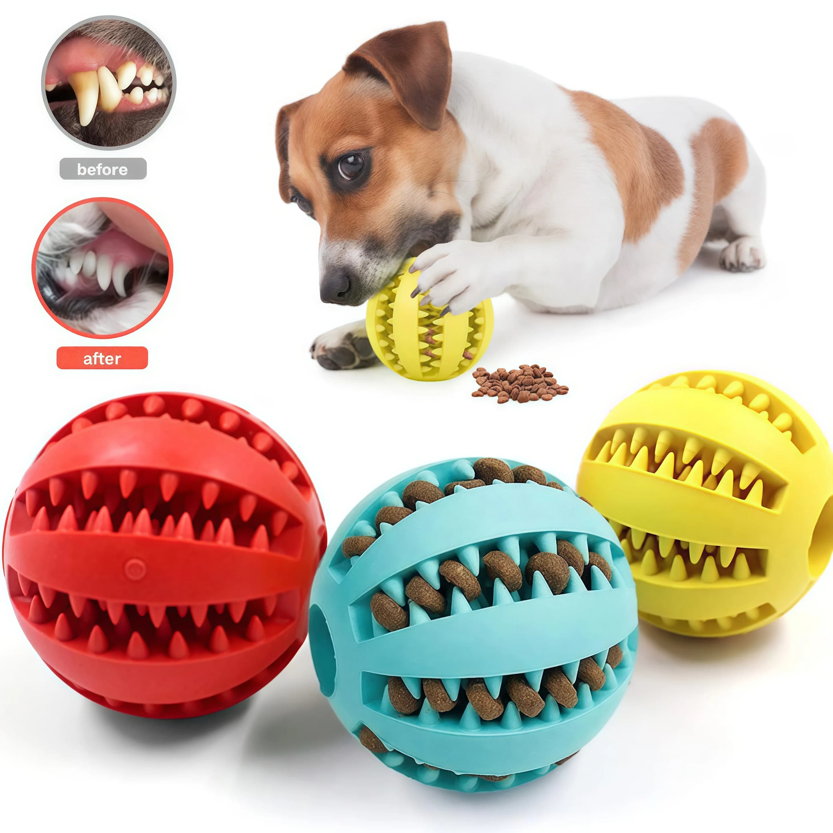 Palla da masticare per cani, giocattolo interattivo per animali domestici, palla per la pulizia dei denti dei cuccioli, dispenser di cibo, palline in silicone per cani di piccola taglia e gatti