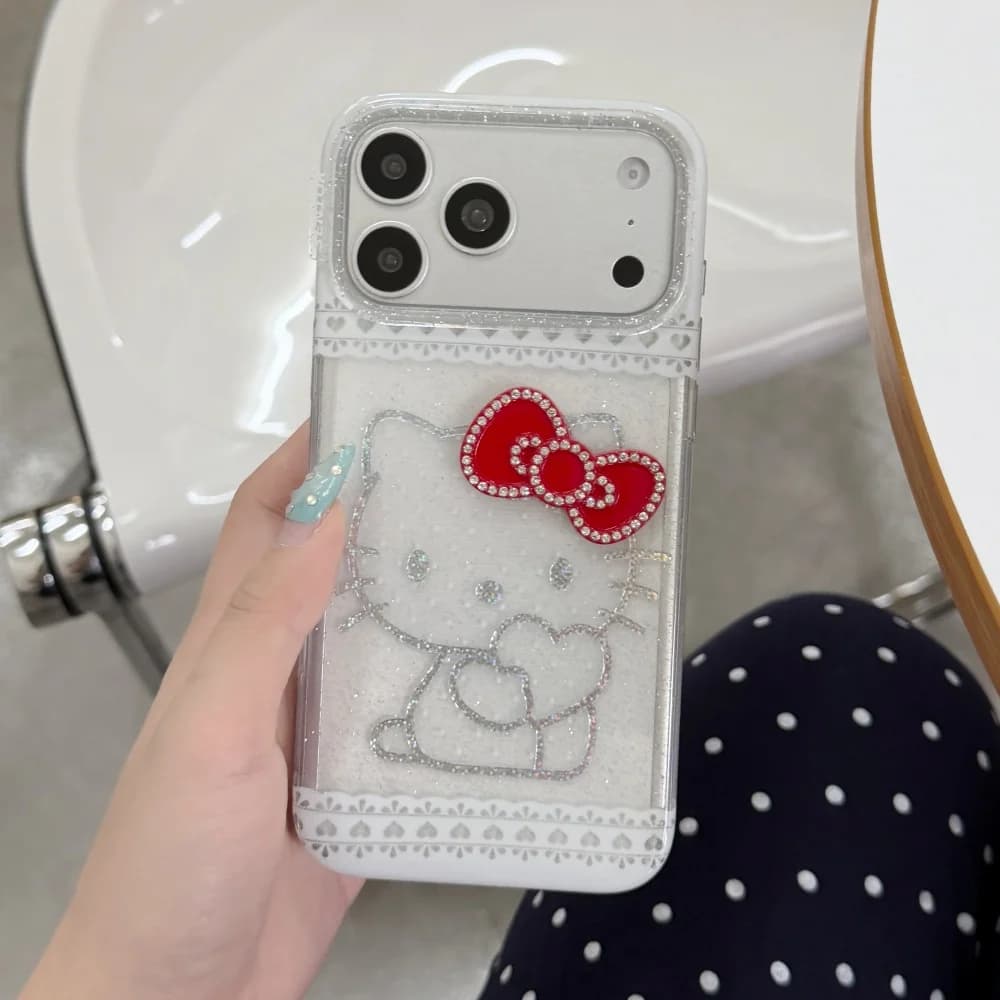Cute Lace Glitter Laser Hello Kitty Phone Case Diamond Bow Soft Shockproof Cover For iPhone 16 15 17 Pro Max Girly Sweet Style